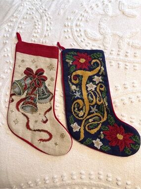 Pair of Christmas Needlepoint Embroidered Holiday Stockings in Red, Navy & Cream